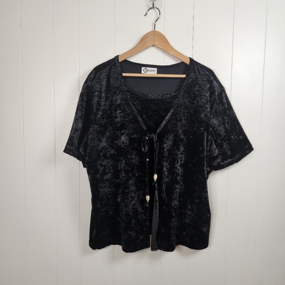 Y2K Vintage Black Velvet Velour Short Sleeve Top Size 2X Stretchy Whimsigoth 90s - Picture 3 of 11